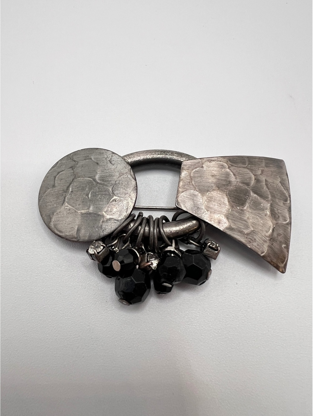 Modernist Hammered Silver Tone Black Bead Dangle Brooch Pin